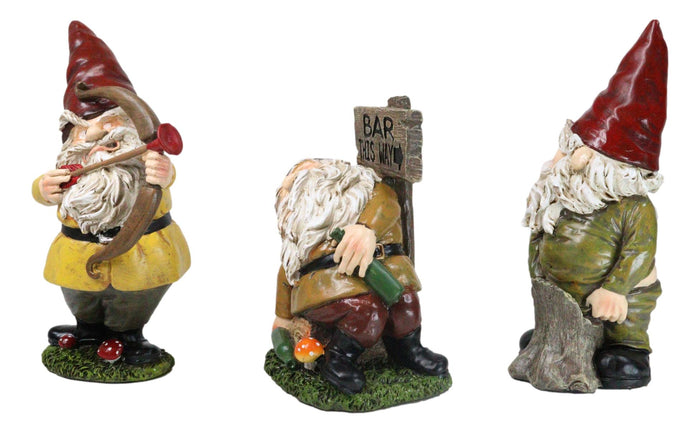 Set Of 3 Forest Mischief Bad Naughty Gnomes Drunk Peeing And Pranking Figurines