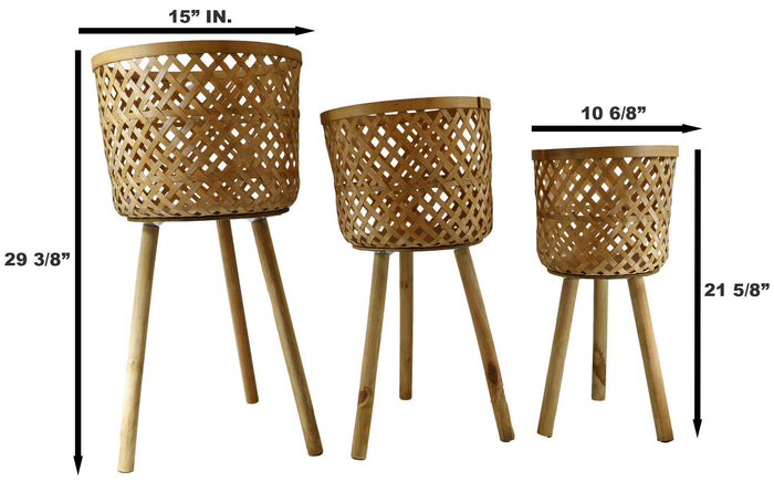 Set Of 3 Hand Woven Natural Bamboo And Fir Legs Raised Floor Storage Baskets