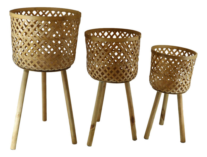 Set Of 3 Hand Woven Natural Bamboo And Fir Legs Raised Floor Storage Baskets