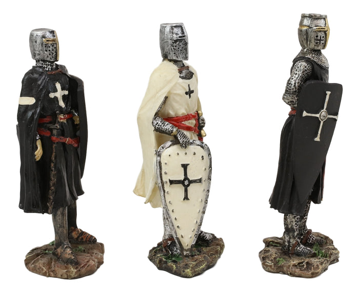 Set Of 3 Medieval Templar Crusader Knights With Tunic Sword And Shield Figurines