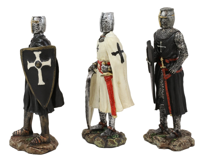 Set Of 3 Medieval Templar Crusader Knights With Tunic Sword And Shield Figurines
