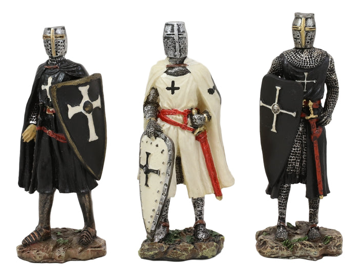 Set Of 3 Medieval Templar Crusader Knights With Tunic Sword And Shield Figurines