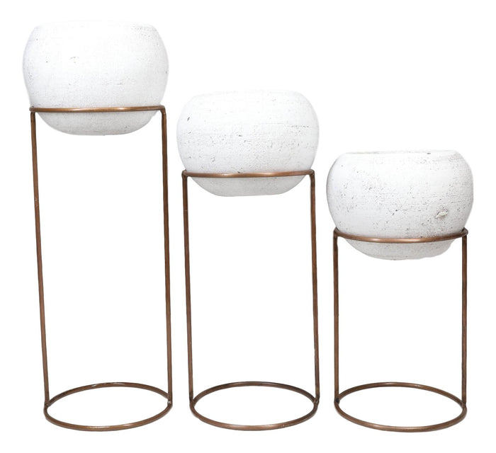Set Of 3 Modern 3 White Clay Vessel Planter Pots With Metal Wire Stands