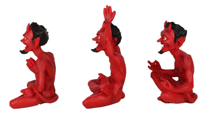 Set Of 3 Red Demon Imp Devils In Yoga Lotus Meditation Poses Figurines