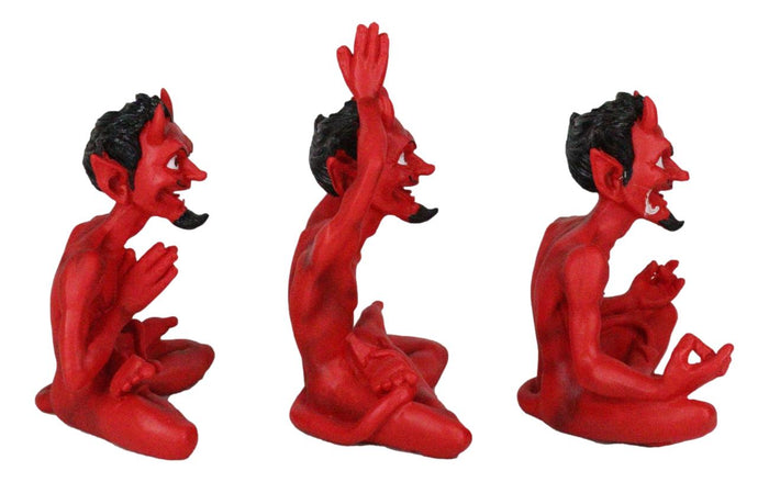 Set Of 3 Red Demon Imp Devils In Yoga Lotus Meditation Poses Figurines