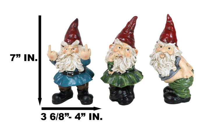 Set Of 3 Rude Old Mr Gnomes Flipping The Bird Mooning And Conniving Figurines