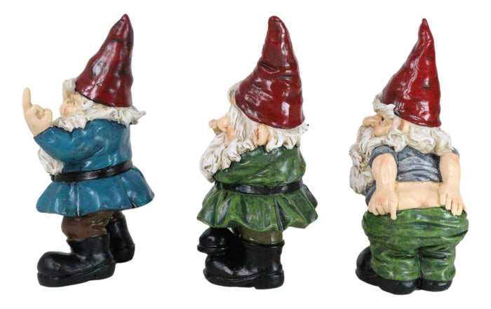 Set Of 3 Rude Old Mr Gnomes Flipping The Bird Mooning And Conniving Figurines