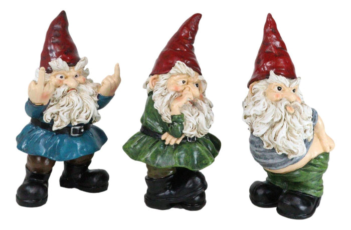 Set Of 3 Rude Old Mr Gnomes Flipping The Bird Mooning And Conniving Figurines