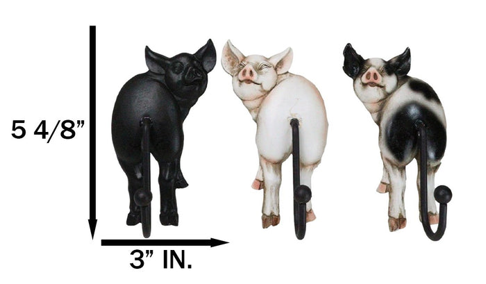 Set Of 3 Rustic Western Farm White Black Spotted Pigs Hind Butt Coat Wall Hooks