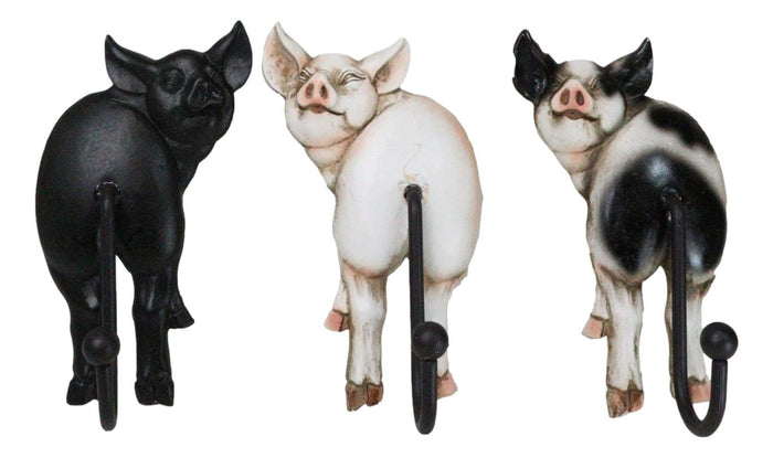 Set Of 3 Rustic Western Farm White Black Spotted Pigs Hind Butt Coat Wall Hooks