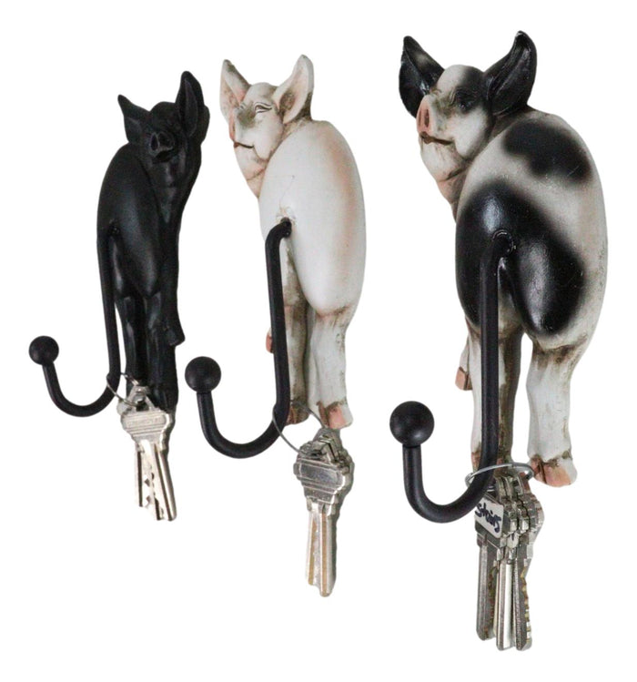 Set Of 3 Rustic Western Farm White Black Spotted Pigs Hind Butt Coat Wall Hooks