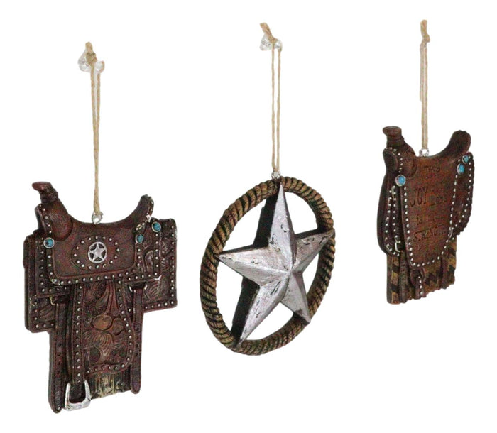 Set Of 3 Rustic Western Star Ropes Circle Tooled Leather Horse Saddles Ornaments