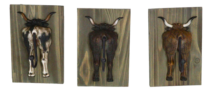 Set Of 3 Rustic Western Steer Bulls Hind Butt Coat Wall Hooks With Wooden Plaque