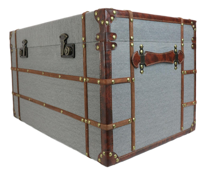 Set Of 3 Stackable Large Wood Vintage Grey Fabric With Leather Trunk Case Boxes