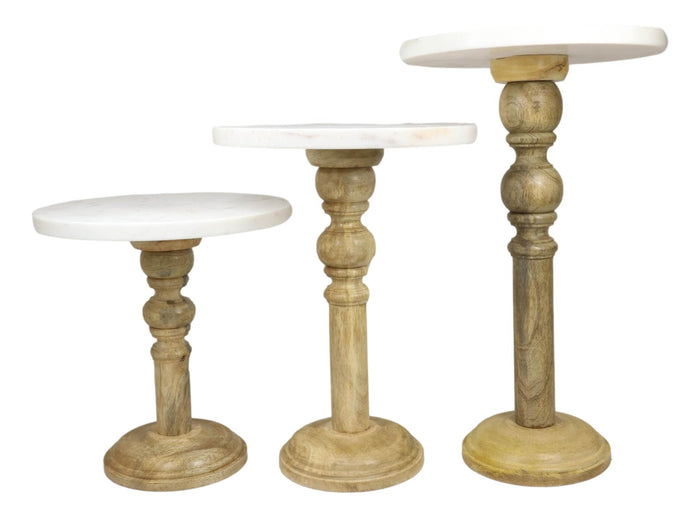 Set Of 3 Urban Farmhouse Dining Table Marble Top And Carved Wood Display Stands