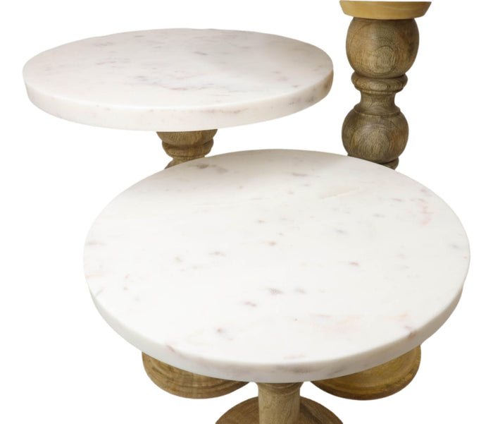 Set Of 3 Urban Farmhouse Dining Table Marble Top And Carved Wood Display Stands