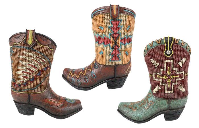 Set Of 3 Western Cowboy Aztec Mexica Faux Tooled Leather Boots Floral Vases