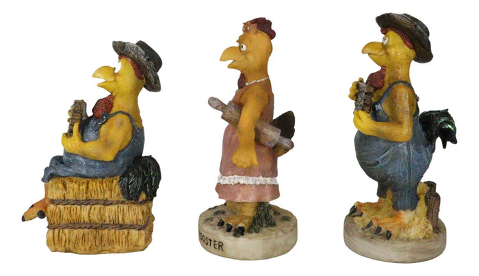 Set Of 3 Western Farm Roosters And Hen Chicken Holding Funny Signs Figurines