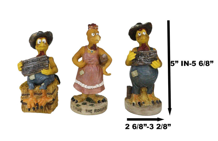 Set Of 3 Western Farm Roosters And Hen Chicken Holding Funny Signs Figurines