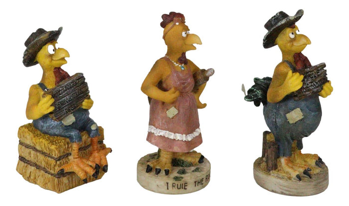 Set Of 3 Western Farm Roosters And Hen Chicken Holding Funny Signs Figurines