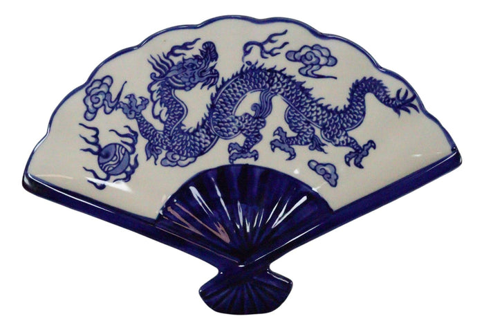 Set Of 4 Blue And White Dragon King Oriental Fan Shaped Appetizer Sushi Plates