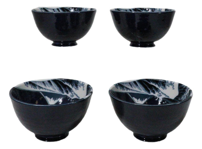 Set Of 4 Blue Japanese Hokusai Great Wave Porcelain Soup Rice Dessert Bowls 11oz