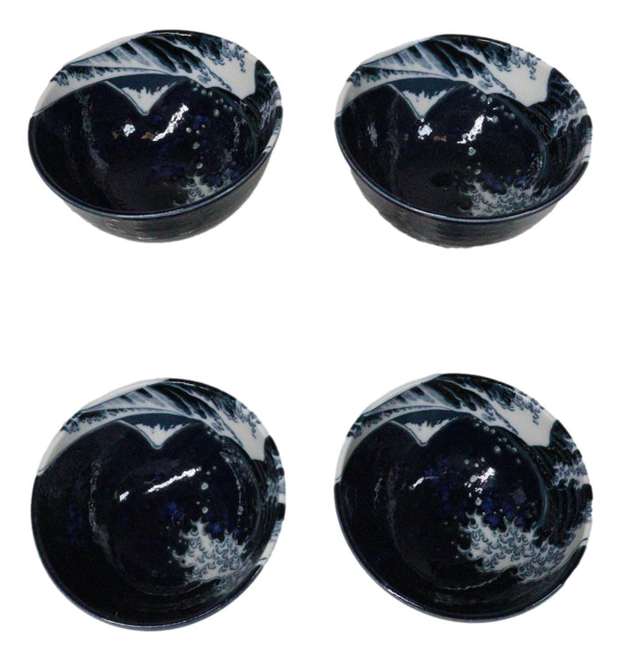 Set Of 4 Blue Japanese Hokusai Great Wave Porcelain Soup Rice Dessert Bowls 11oz