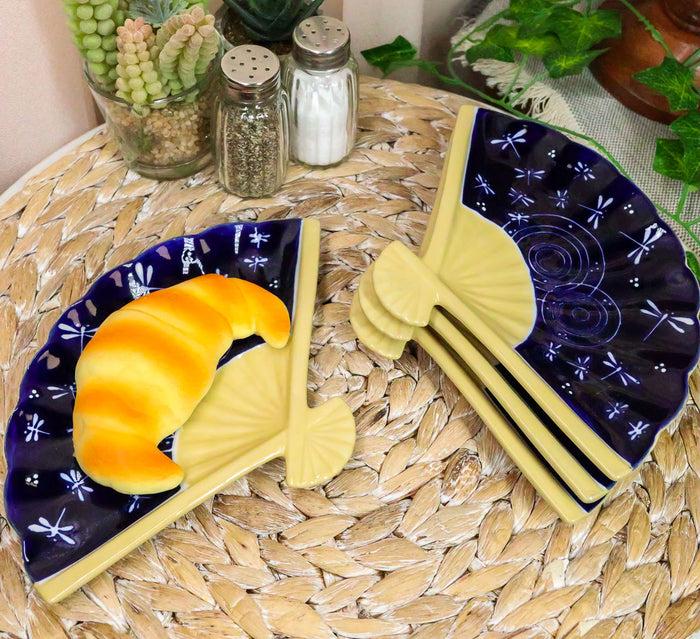 Set Of 4 Blue Ripple Dragonflies Oriental Fan Shaped Appetizer Sushi Plates