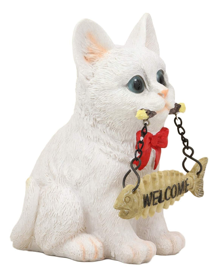 Set Of 4 Cats Black White Tabby Grey Kittens With Fish Bones Welcome Figurines