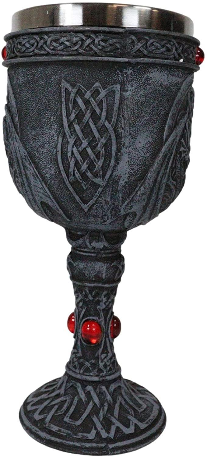 Set Of 4 Celtic Dual Winged Dragon Wine Goblet Chalice Resin & Stainless Steel