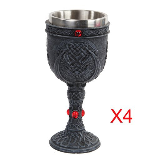 Set of 4 Celtic Dual Winged Dragon Wine Goblet Chalice Resin & Stainless Steel