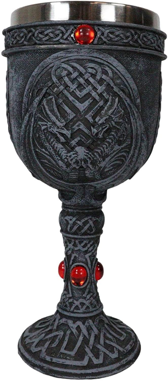 Set Of 4 Celtic Dual Winged Dragon Wine Goblet Chalice Resin & Stainless Steel