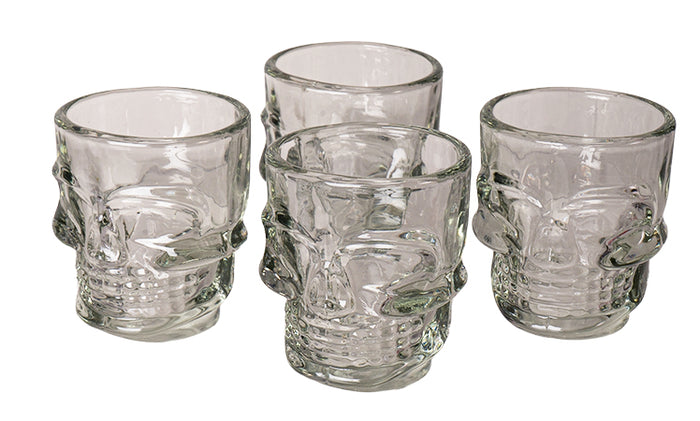 Set Of 4 Clear Glass Gothic Skeleton Skull Face Liquor Shot Glasses Shooters