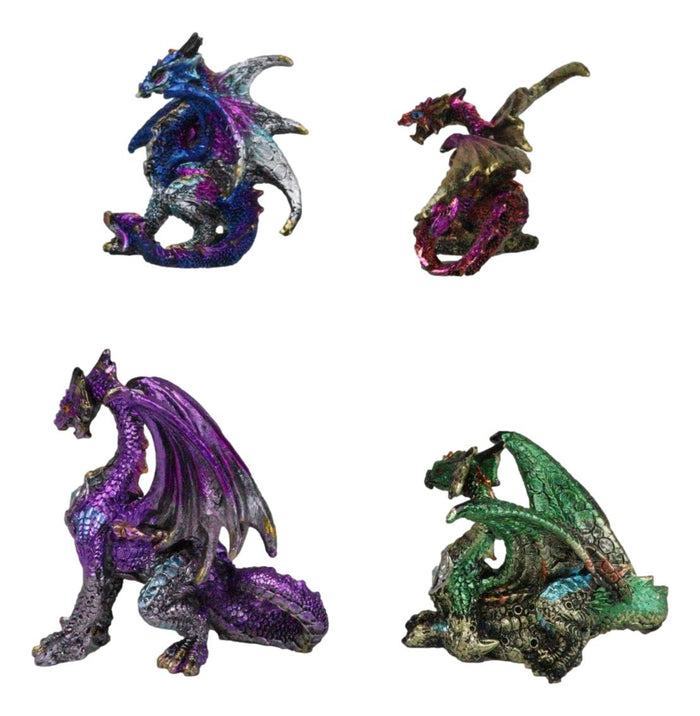 Set Of 4 Colorful Metallic Elemental Dragons In Multiple Poses Mini Figurines