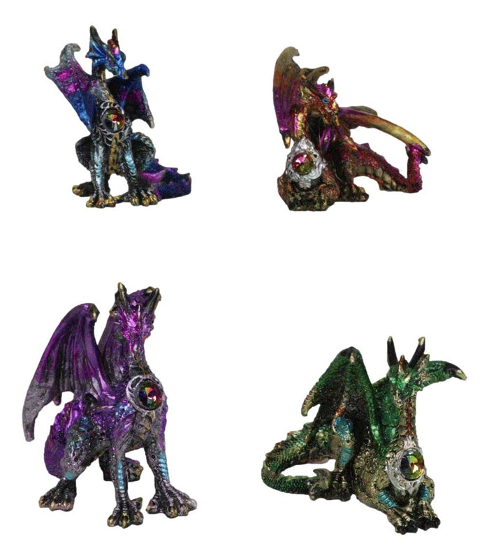 Set Of 4 Colorful Metallic Elemental Dragons In Multiple Poses Mini Figurines