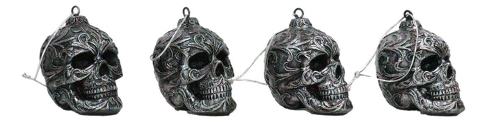 Set Of 4 Day Of The Dead Faux Gunmetal Silver Tribal Tattoo Skull Tree Ornaments
