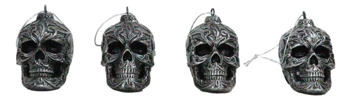 Set Of 4 Day Of The Dead Faux Gunmetal Silver Tribal Tattoo Skull Tree Ornaments
