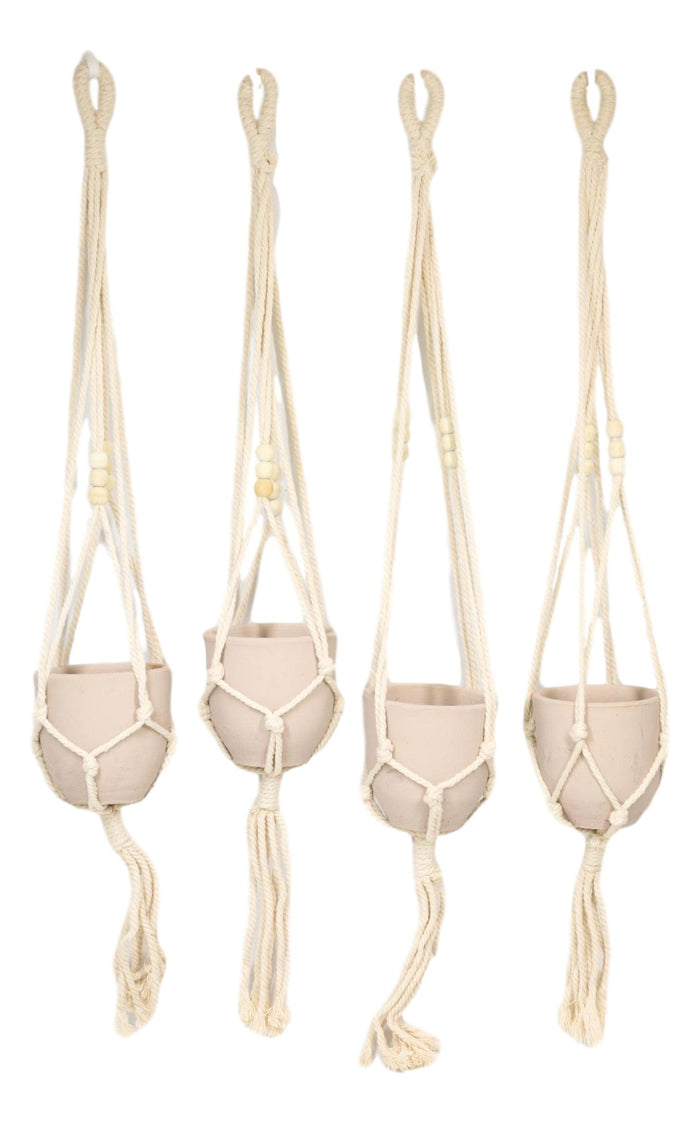 Set Of 4 Decorative Cotton Frill Macrame Hanger Planter Clay Pots Wall Decor