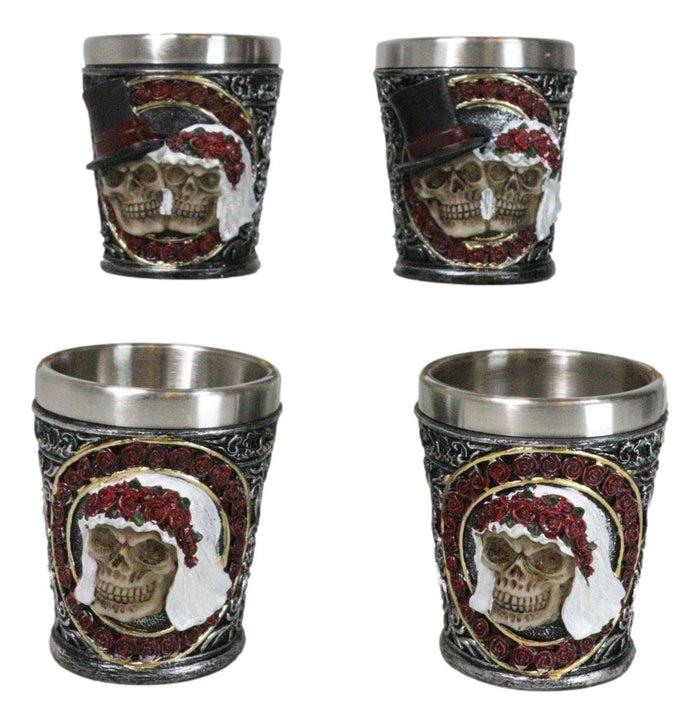 Set Of 4 Love Never Dies Wedding Couple Skulls With Red Roses Shot Glasses Set Of 4 Love Never Dies Wedding Couple Skulls With Red Roses Shot Glasses