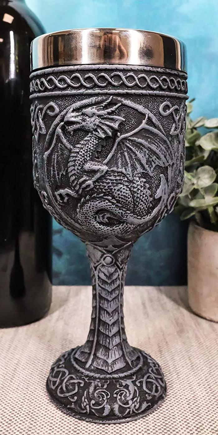 Set Of 4 Medieval Dragon Wine Goblet Chalice Resin Body Stainless Steel Faux Stone