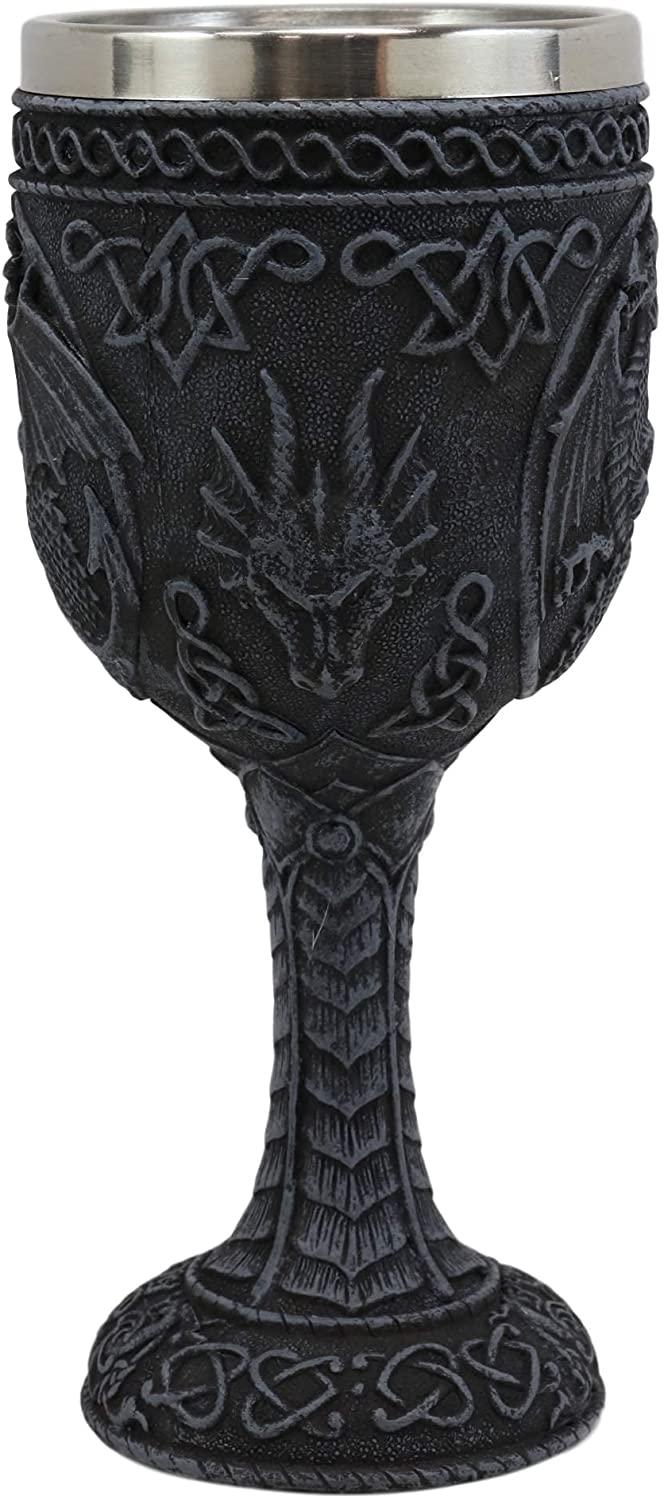 Set Of 4 Medieval Dragon Wine Goblet Chalice Resin Body Stainless Steel Faux Stone