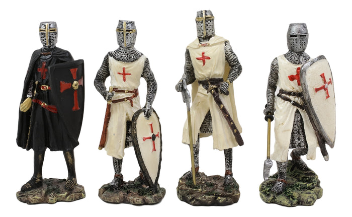 Set Of 4 Medieval Templar Crusader Knights With Tunic Sword Axe Shield Figurines
