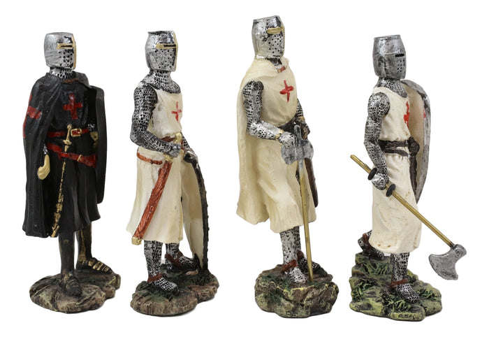Set Of 4 Medieval Templar Crusader Knights With Tunic Sword Axe Shield Figurines