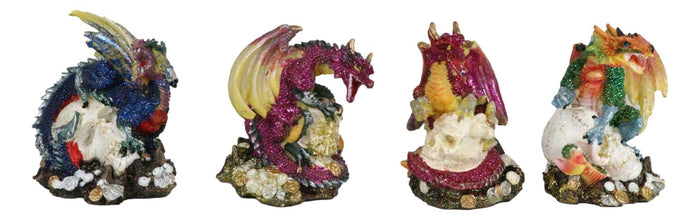 Set Of 4 Metallic Red Green Pink Blue Dragons Crouching On Skulls Mini Figurines