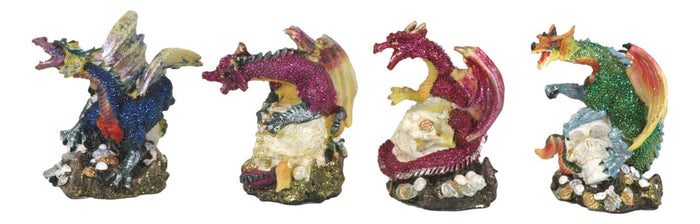 Set Of 4 Metallic Red Green Pink Blue Dragons Crouching On Skulls Mini Figurines