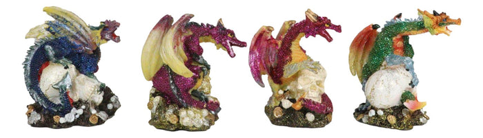 Set Of 4 Metallic Red Green Pink Blue Dragons Crouching On Skulls Mini Figurines