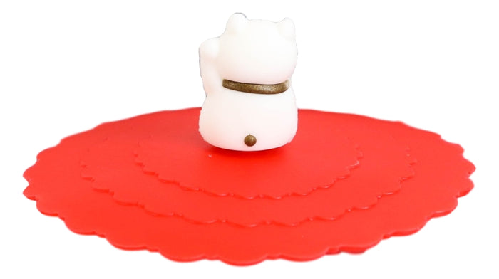 Set Of 4 Red Maneki Neko Cat Reusable Silicone Coffee Cup Cover Lids Air Tight