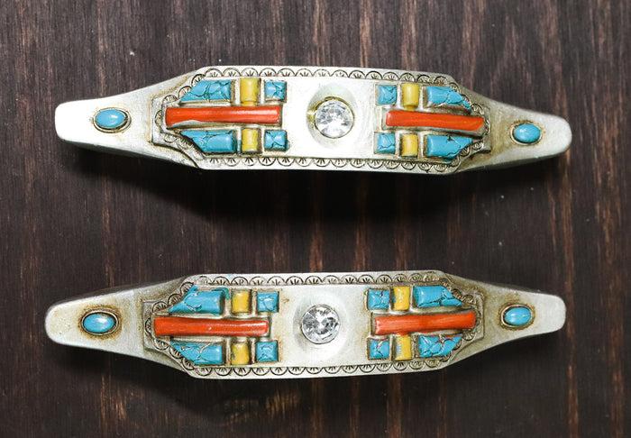 Set Of 4 Rustic Southwestern Turquoise Cross Gemstones Crystal Cabinet Bar Pulls