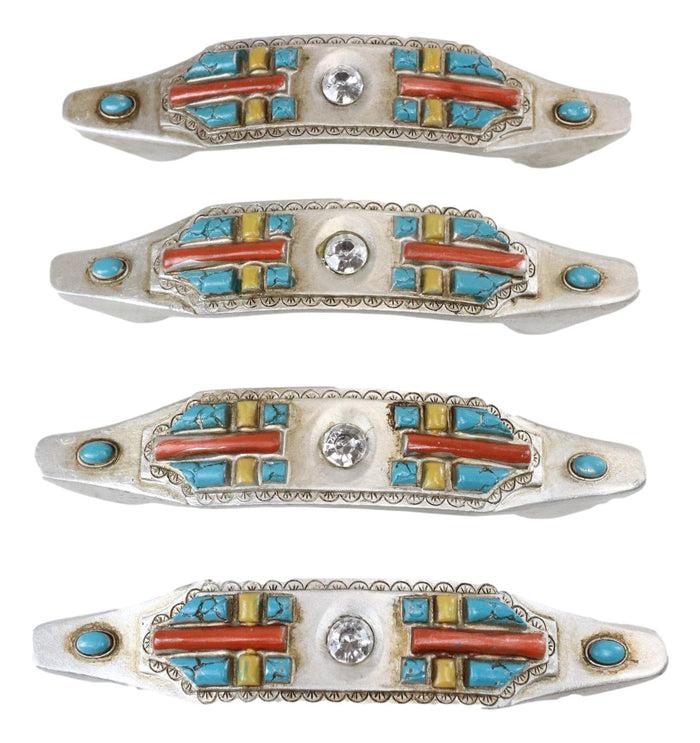 Set Of 4 Rustic Southwestern Turquoise Cross Gemstones Crystal Cabinet Bar Pulls