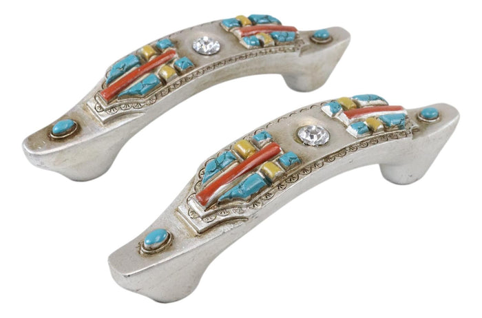 Set of 4 Rustic Southwestern Turquoise Cross Gemstones Crystal Cabinet Bar Pulls